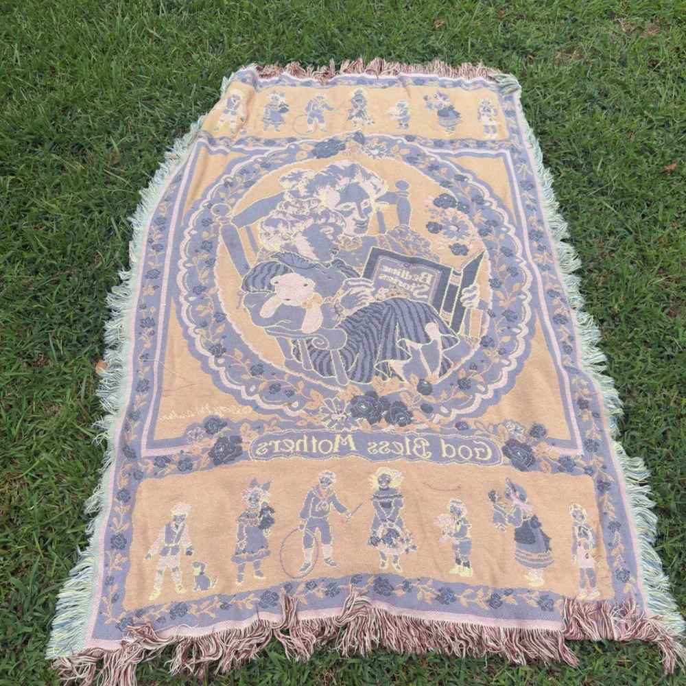 Vintage God Bless Mothers Woven Tapestry Throw Blanket Blue Pink Fringe 64x46